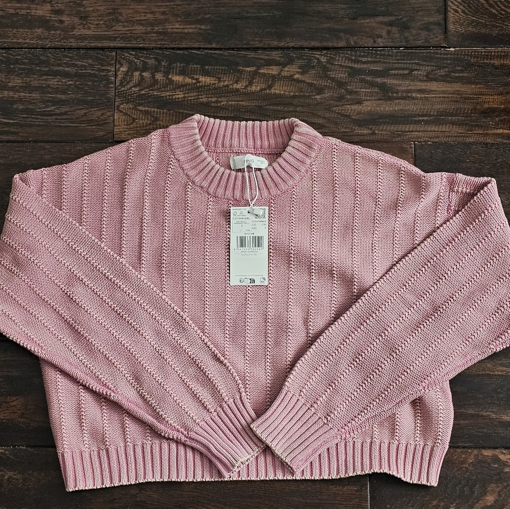 NWT Mango Pink 100% Cotton Cropped Crew Sweater Women XS / Teen L